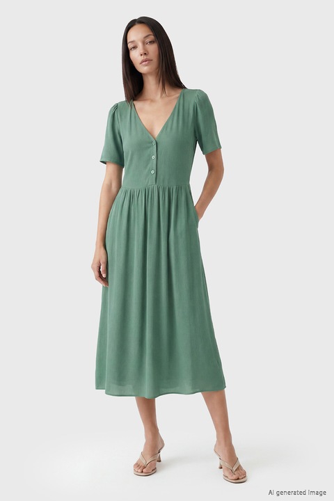 LC WAIKIKI, Rochie cu decolteu in V si buzunare laterale, Verde turcoaz