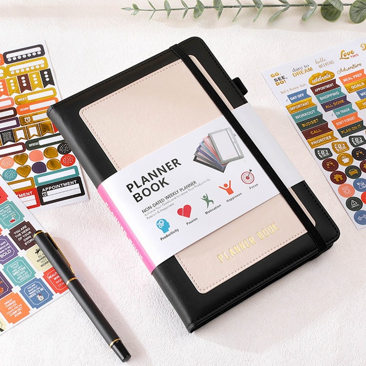 Planner nedatat YANYXR BCS3053415, saptamanal si lunar, A5, coperta hardcover din piele vegana, 120 file, hartie 100 g/m², include stickere, negru/roz pal