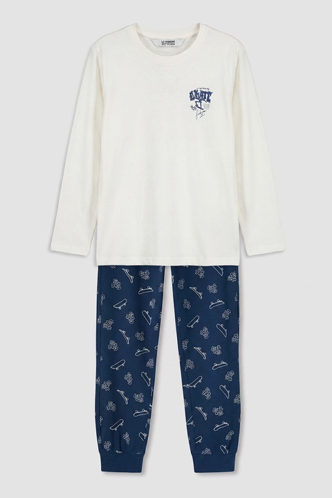 LC WAIKIKI, Pijama regular fit din bumbac, Ecru/Bleumarin