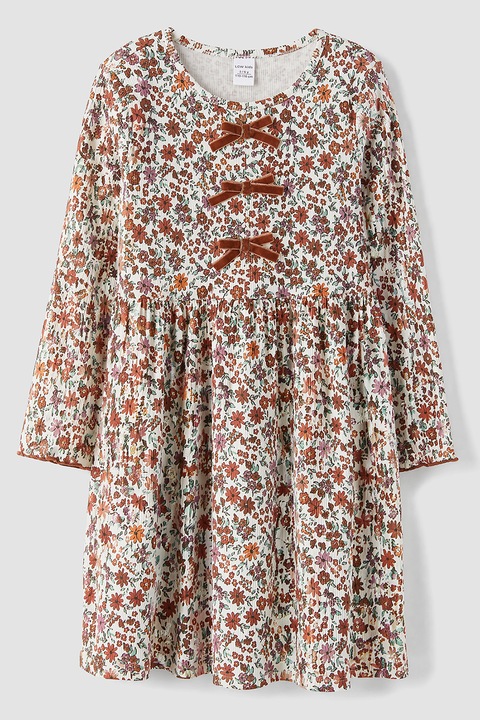 LC WAIKIKI, Rochie cu maneci lungi, design floral si funde, Maro/Crem