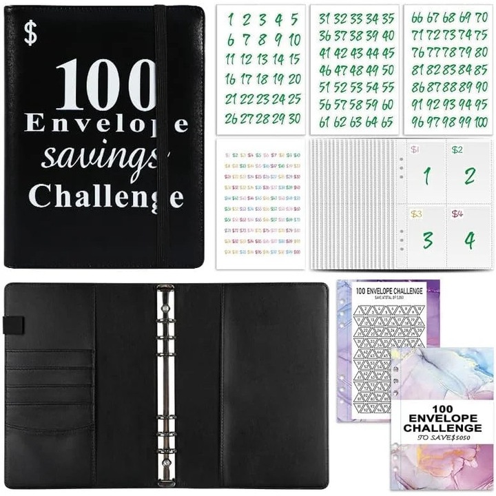 Organizator pentru economii 100 Envelope Challenge YANYXR BCS3053318, set cu 100 plicuri, pagini si autocolante pentru provocare, negru