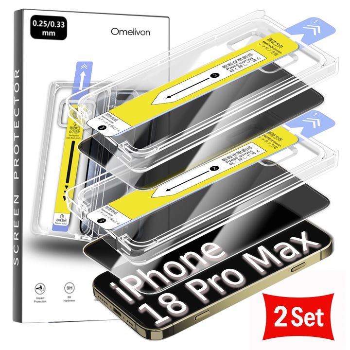 Set 2 Folii Sticla Privacy pentru iPhone 18 Pro Max, Omelivon, Full Cover 3D, Margini negre, Sticla Securizata, cu Kit de Aplicare Instanta si Functie Automata de Indepartare a Prafului, 9H, Tratament Oleofob, Anti-Amprenta, Sensibilitate Touch Avansata