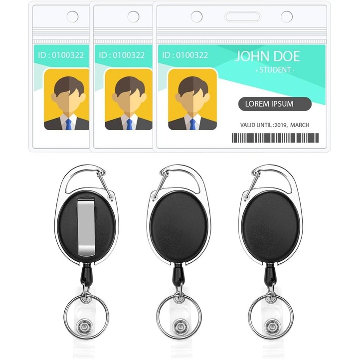 Suport Retractabil Card ID Rezistent, cu Carabina, 3+1 Bucati