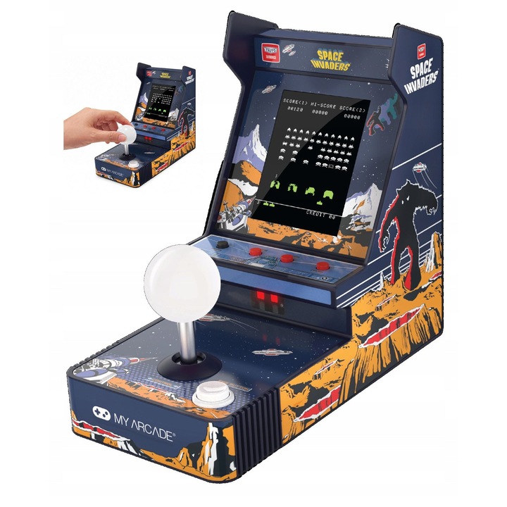 Consola arcade retro, my arcade, player joystick Space Invaders, 3, 5 inci, 3 jocuri, ecran color vertical, joystick, buton de actiune, difuzor, iesire casti 3, 5 mm, alimentare 4 x AA sau USB-C, negru, 1 bucata, plastic, portabila