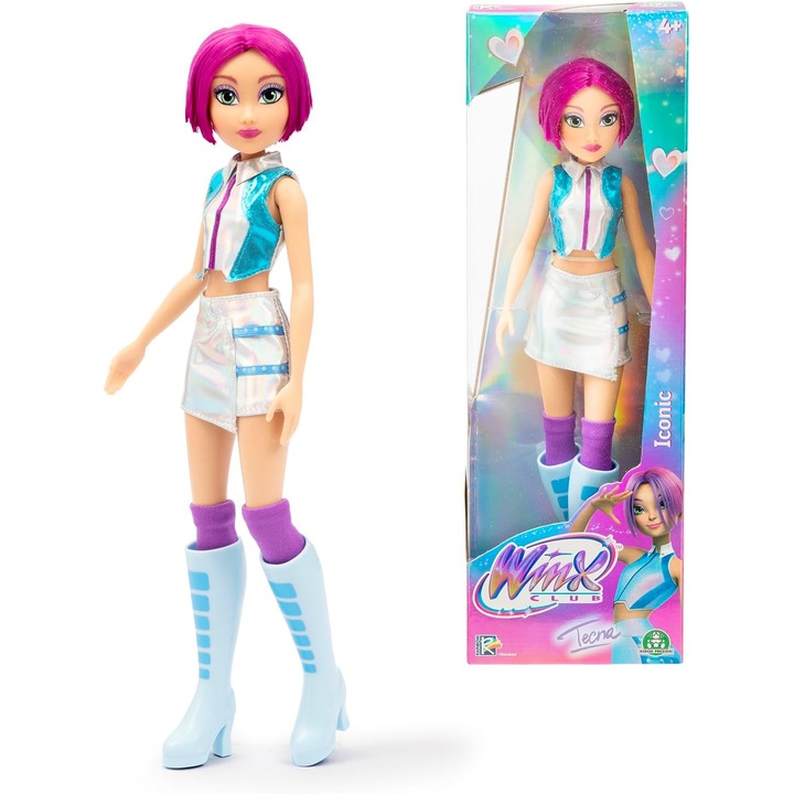 Papusa Winx Iconic Tecna, 27 cm, Articulatii Mobile, Par Mov, Fusta Argintie