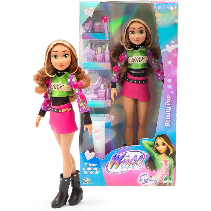 Papusa Winx Club Flora Beauty Pop cu Tinuta de Concert si Gel Stralucitor