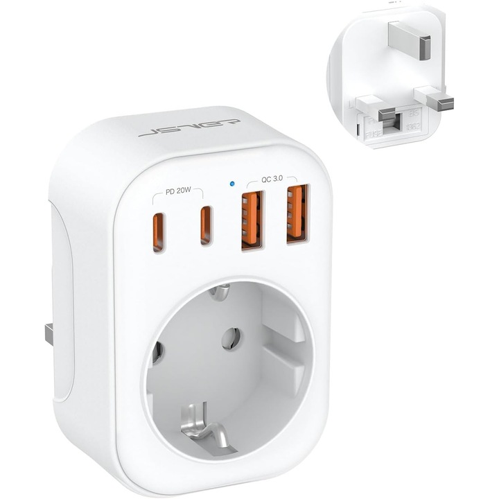 Adaptor Priza UK 5-in-1 cu 4 Porturi USB (2xUSB-C PD 20W)
