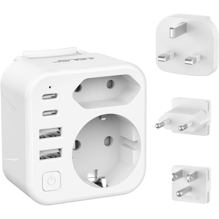Adaptor Calatorie Universal JSVER cu 4 Porturi USB, Alb