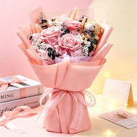 Buchet de ursuleti cu flori conservate, Vitesthord®, buchet de trandafiri conservati, cadou de ziua de nastere, aniversare si Ziua Indragostitilor, roz