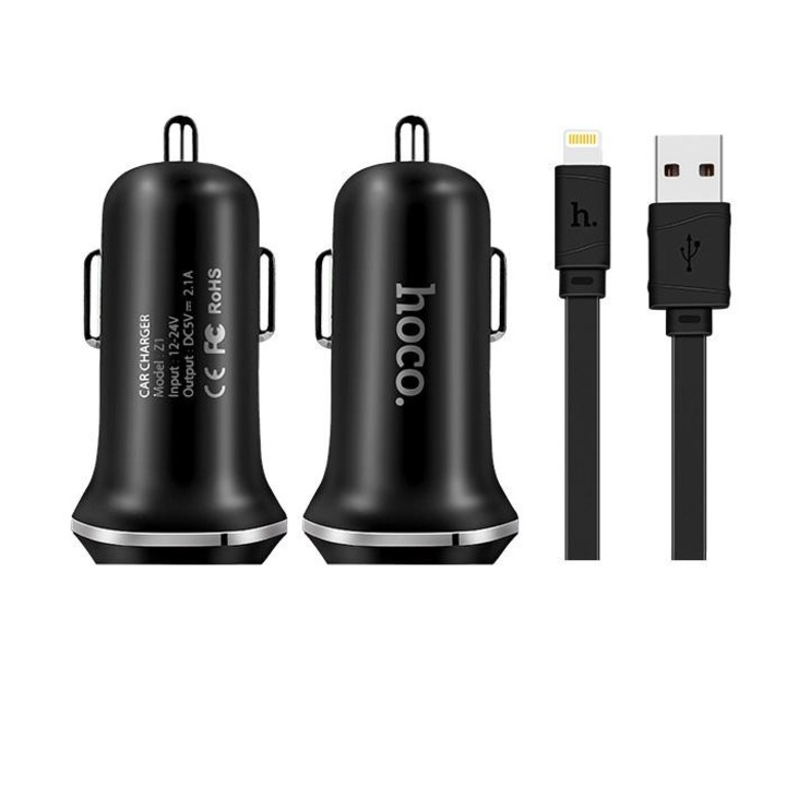 Зарядно устройство за кола Hoco 2.1A, 2 USB, Кабел Iphone Lightning, Черно, Blister