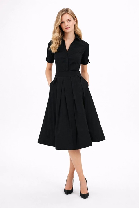 Rochie midi neagra de dama, cu guler tip camasa 86672, Negru