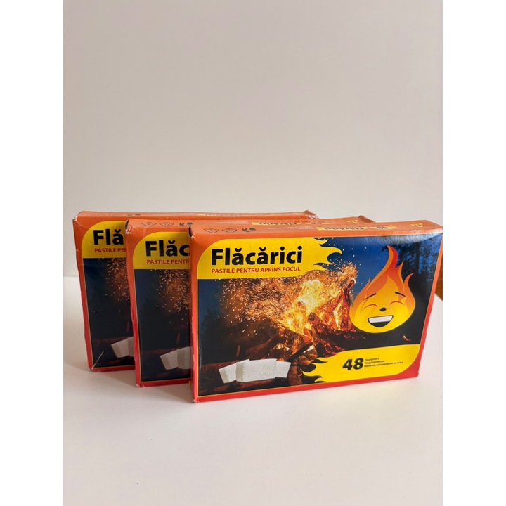 Set 3 cutii Pastile pentru aprins focul Flacarici, 48 pastile/cutie, aprindere rapida pentru gratar, semineu, soba si foc de tabara
