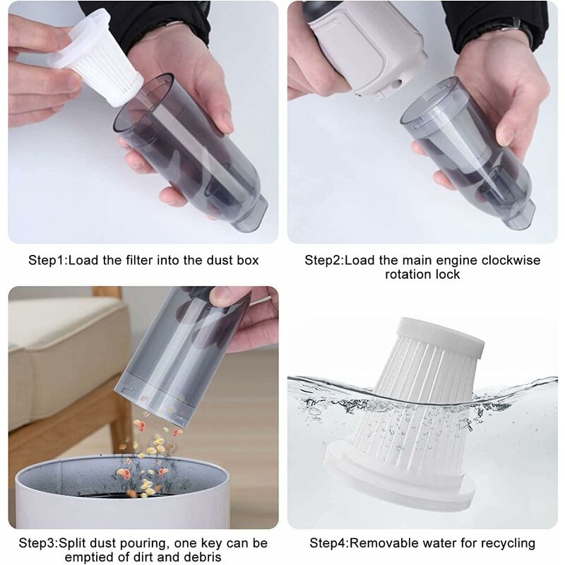 Aspirator de mana mini fara fir 3 in 1, gri/alb, aspirare si indepartare a prafului, 1 bucata