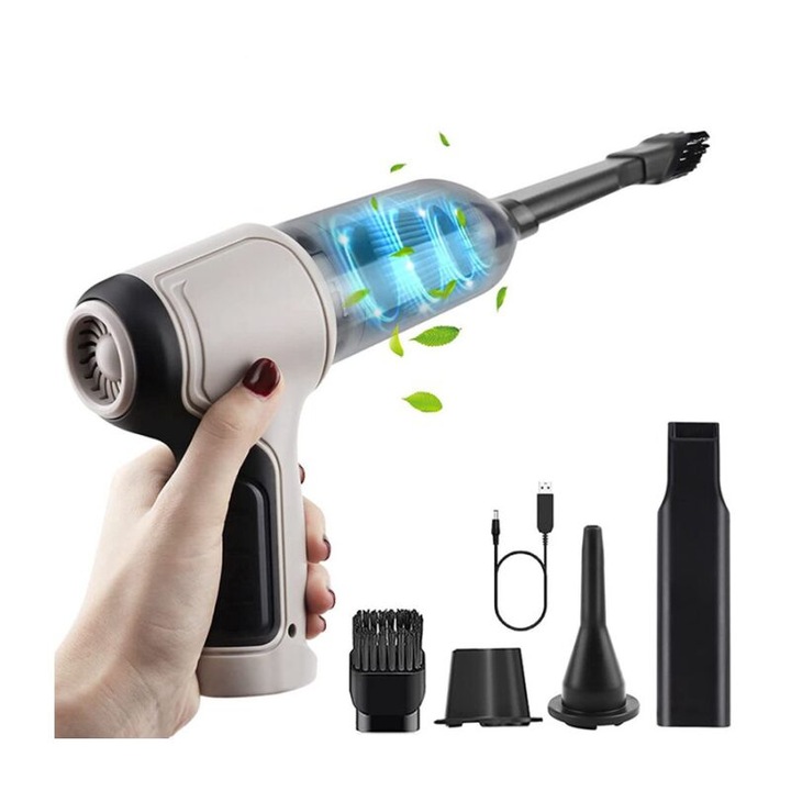 Aspirator de mana mini fara fir 3 in 1, gri/alb, aspirare si indepartare a prafului, 1 bucata