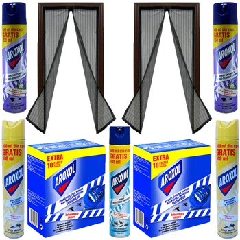 Pachet - 2 x Plasa insecte, Cu inchidere magnetica la mijloc, Neagra, 190cm x 100cm + Aroxol insecticid universal 500ml + 2 x Aroxol anti-molii si acarieni, Lavanda, 400ml + 2 x Aroxol muste si tantari, 500ml + 2 x Aroxol aparat cu pastile laminate Pachet - 2 x Plasa insecte, Cu inchidere magnetica la mijloc, Neagra, 190cm x 100cm + Aroxol insecticid universal 500ml + 2 x Aroxol anti-molii si acarieni, Lavanda, 400ml + 2 x Aroxol muste si tantari, 500ml + 2 x Aroxol aparat cu pastile laminate