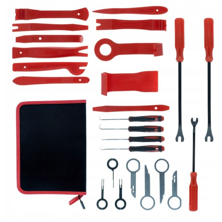 Set profesional 24 unelte pentru demontare tapiterie auto, extractoare clipsuri, leviere pentru ornamente, chei radio si carlige pentru garnituri, etui pentru organizare