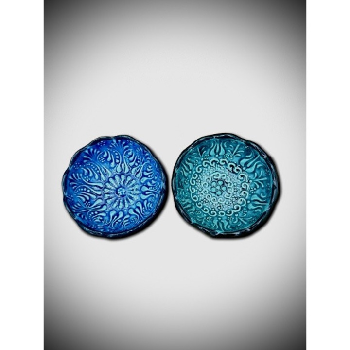 Kézzel készített, kézzel festett kerámia tálkák, 2 darabos szett, dekoratív és funkcionális tálak, mandala design, kék-türkiz