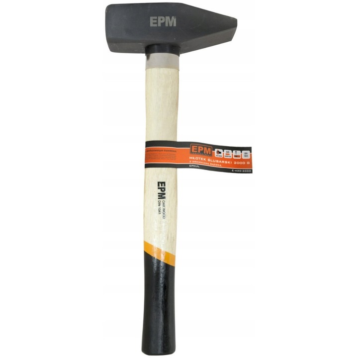 Ciocan de fierar EPM E-420-2000, cap forjat din otel carbon, maner profilat din lemn, 2000 g, natural/negru