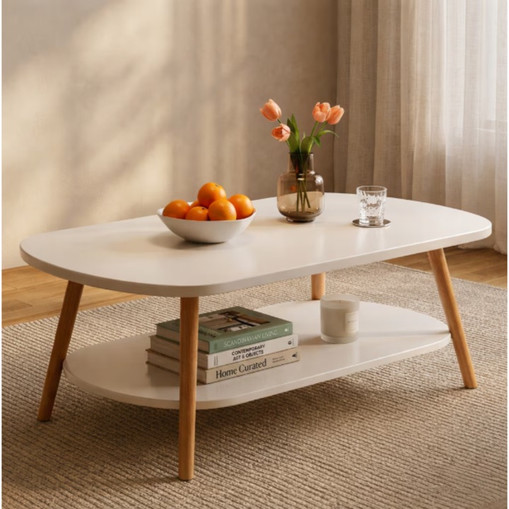 Masuta de cafea ovala, 120x60x42 cm, blat mdf melaminat, polita inferioara, depozitare suplimentara, design scandinav modern, mobilier pentru living, alb