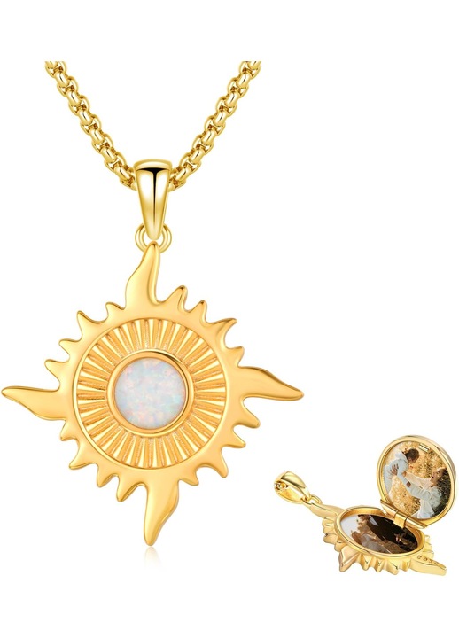 Colier Medalion Soare Argint 925 Aurit, Opal Alb, Lantisor 50+5cm