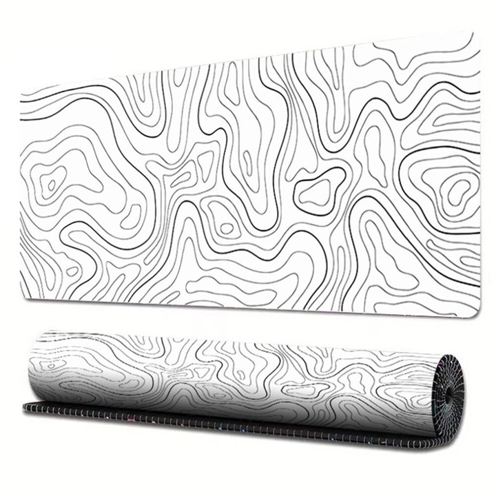 Mouse pad gaming si desk pad CJ-OB12-K0204-20260813-152, cauciuc, design abstract cu linii de contur, negru/alb, 300x600x2 mm / 300x800x2 mm