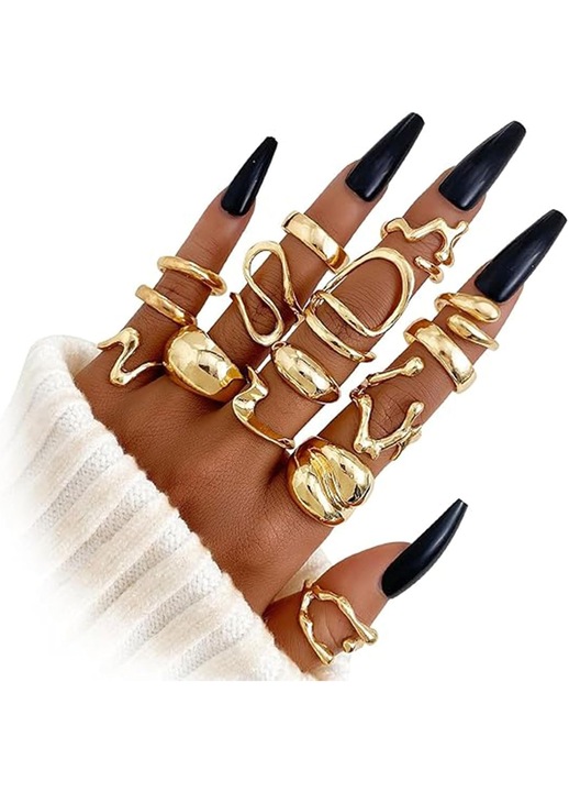 Set 15 Inele Aurii Groase, Placate Aur 14K, Stiluri Multiple