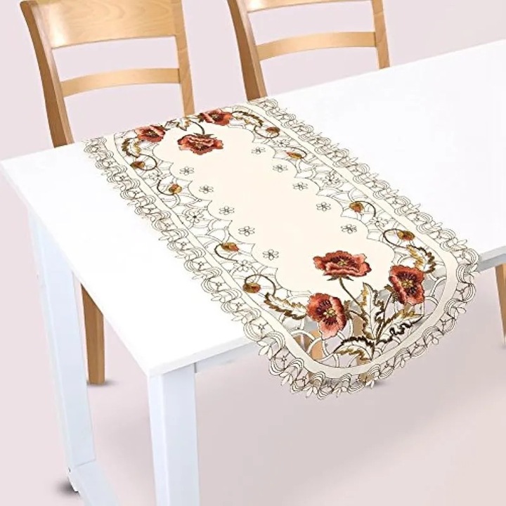 Futóterítő K0582-CJ-260821-355, hímzett vízlepergető poliészter virágmintával és kivágásokkal, krém/piros, ovális, 39 x 87 cm