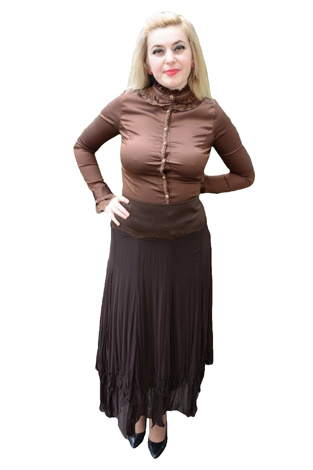 Fusta deosebita din voal si saten cu decor de margele,masura mare, D&J Exclusive, Maro