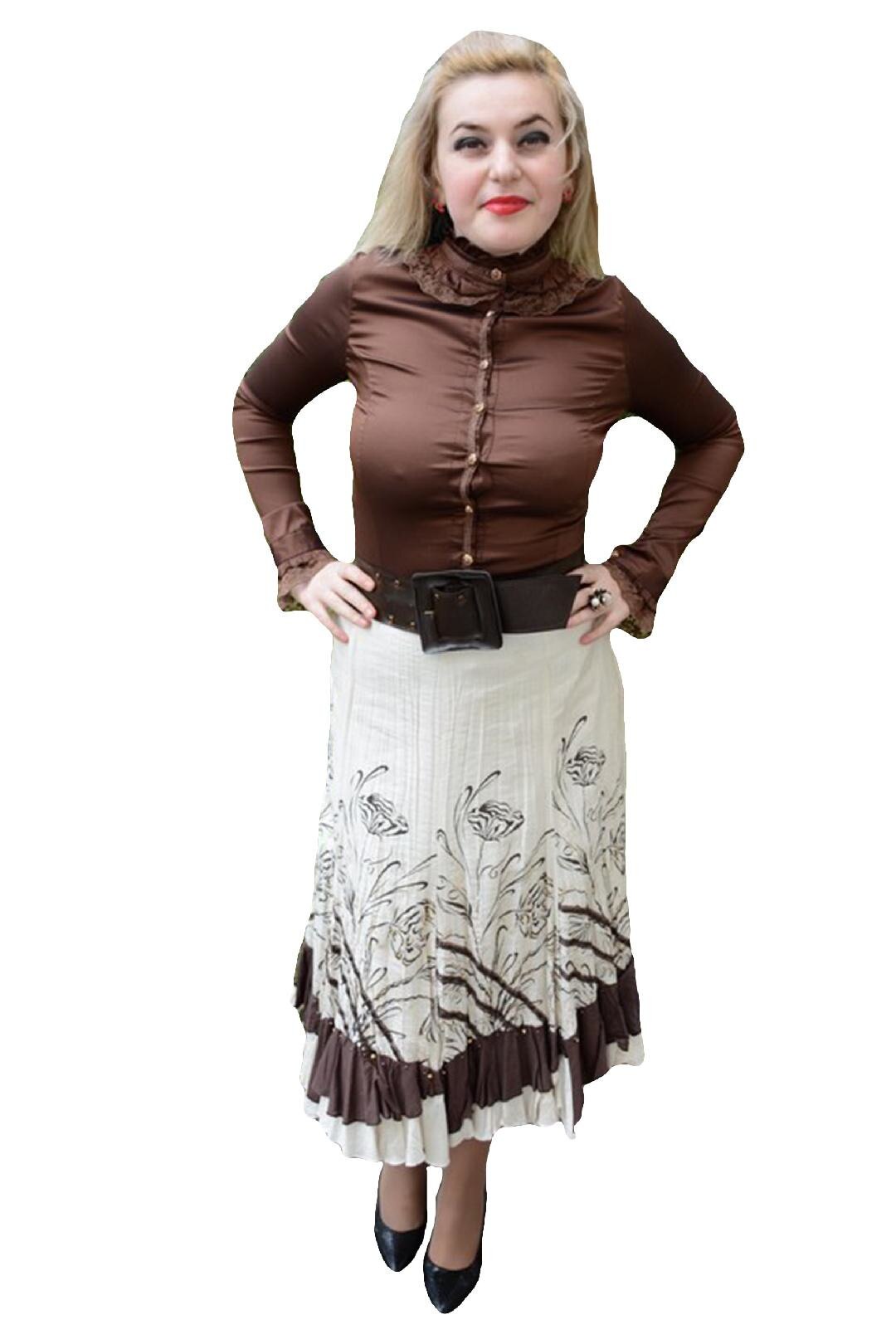 Fusta eleganta cu imprimeu si volanas, D&J Exclusive, Bej