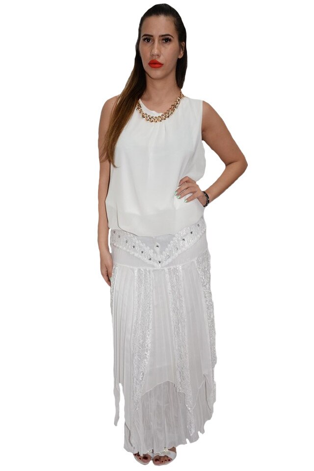 Fusta eleganta cu model asimetric din dantela,masura mare, D&J Exclusive, Alb
