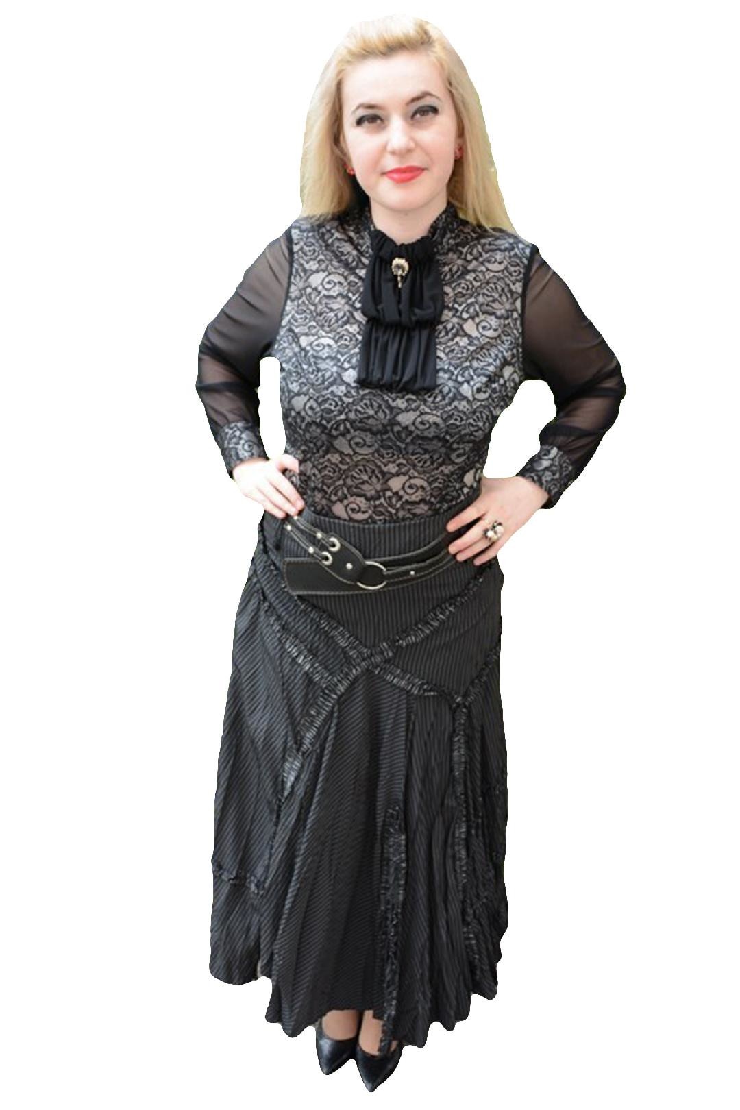 Fusta moderna, lunga, cu design de dungi, D&J Exclusive, Gri