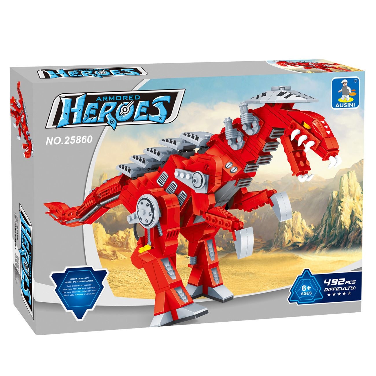 Set de constructie Ausini Armored Heroes, Dinozaurul Robot cu 492 piese, rosu