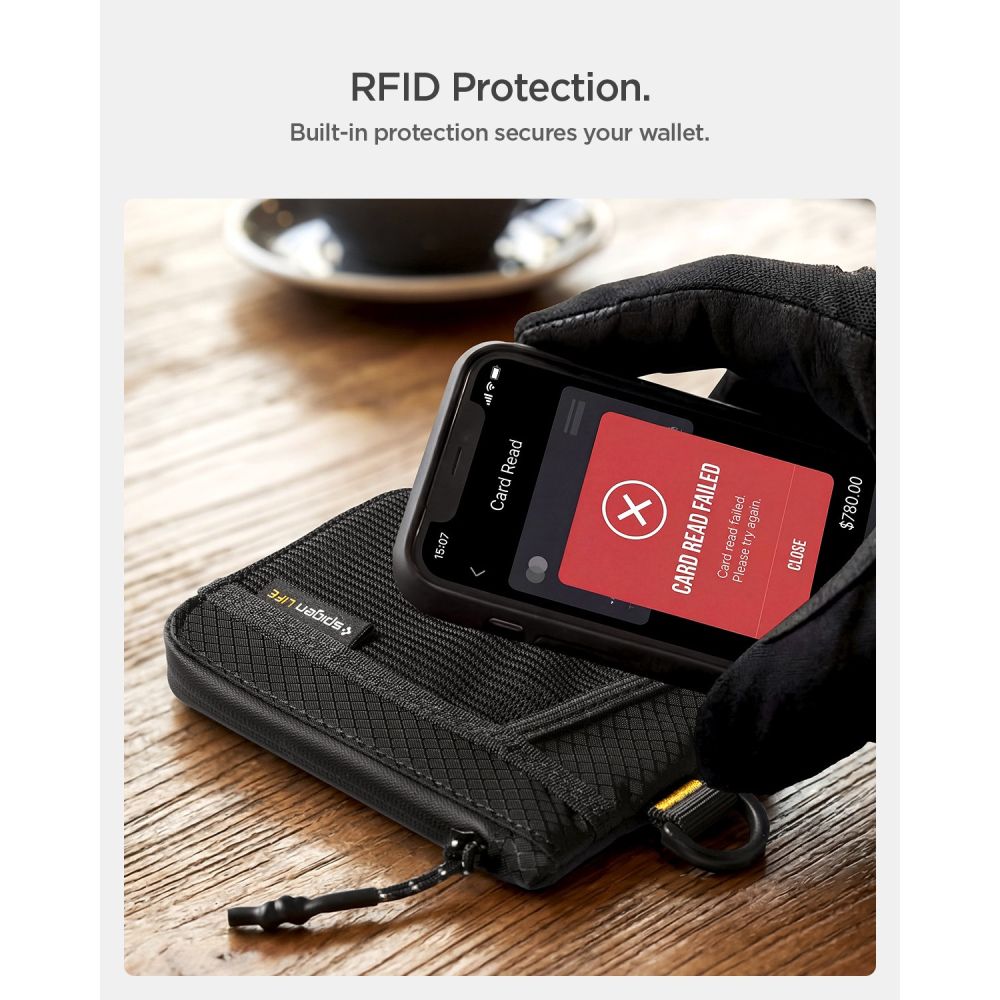 Portofel Spigen LF300, Protectie RFID, Capacitate 10 carduri, Negru