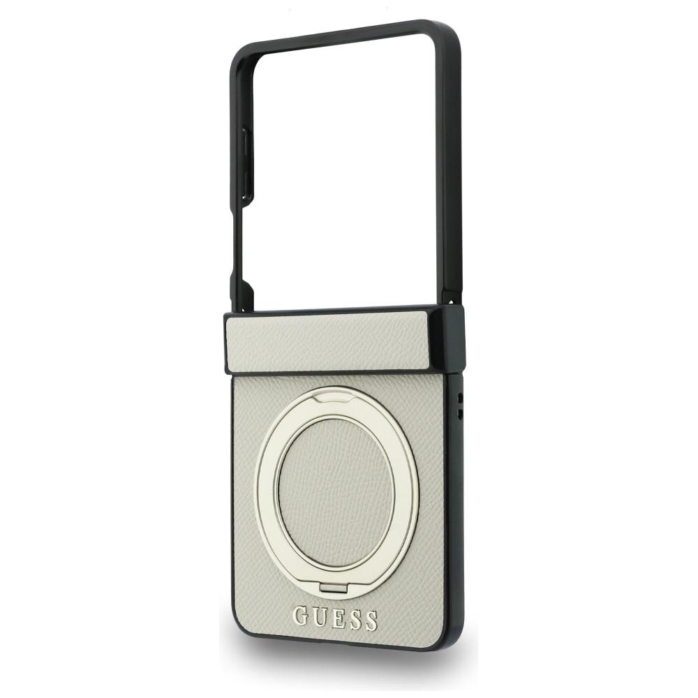 Husa Guess Magnetic Ring Stand Grained Classic Logo cu MagSafe compatibila cu Samsung Galaxy Z Flip 8, Bej