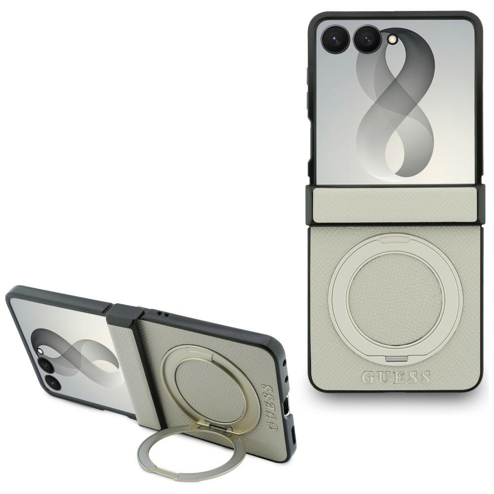 Husa Guess Magnetic Ring Stand Grained Classic Logo cu MagSafe compatibila cu Samsung Galaxy Z Flip 8, Bej