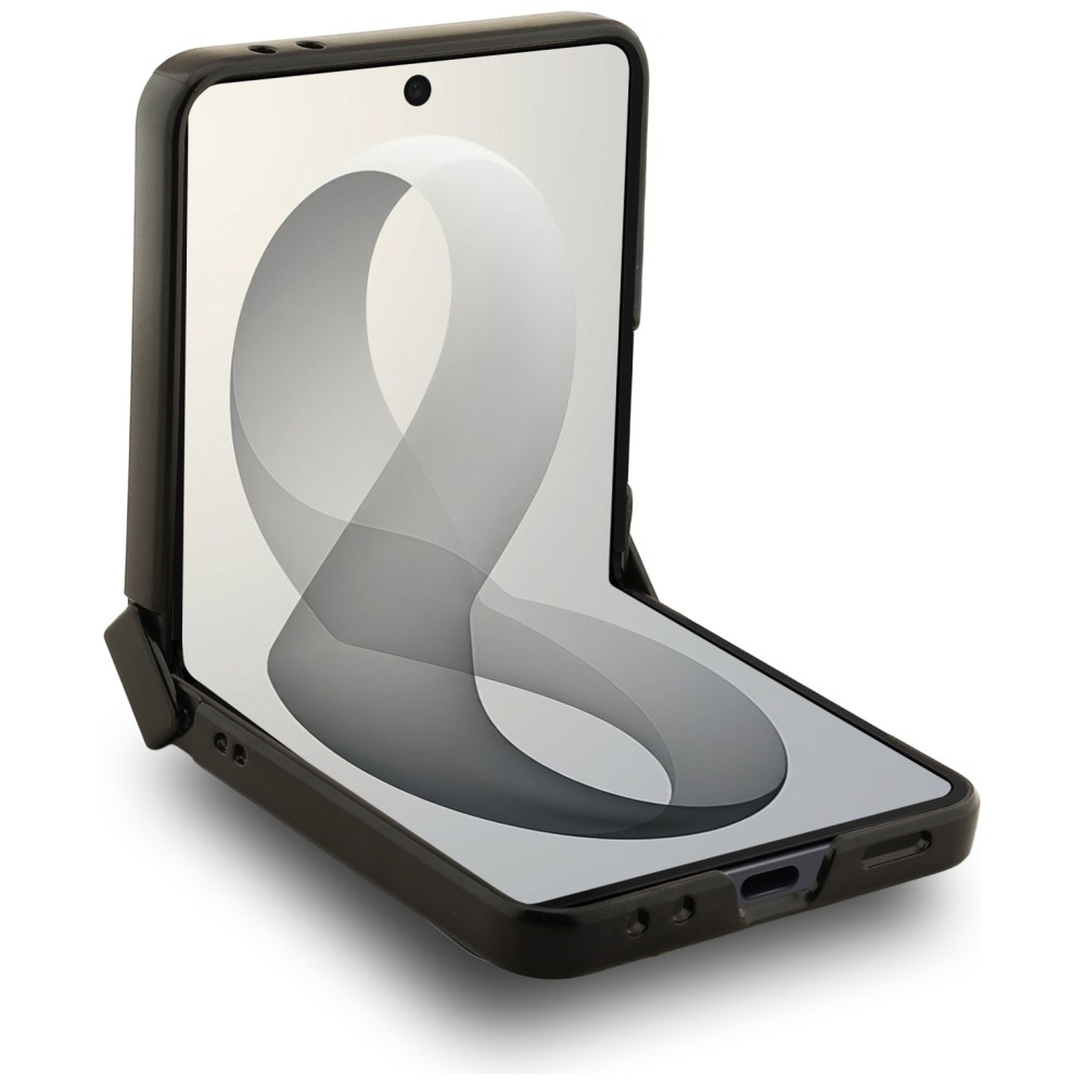 Husa Guess Magnetic Ring Stand Grained Classic Logo cu MagSafe compatibila cu Samsung Galaxy Z Flip 8, Bej