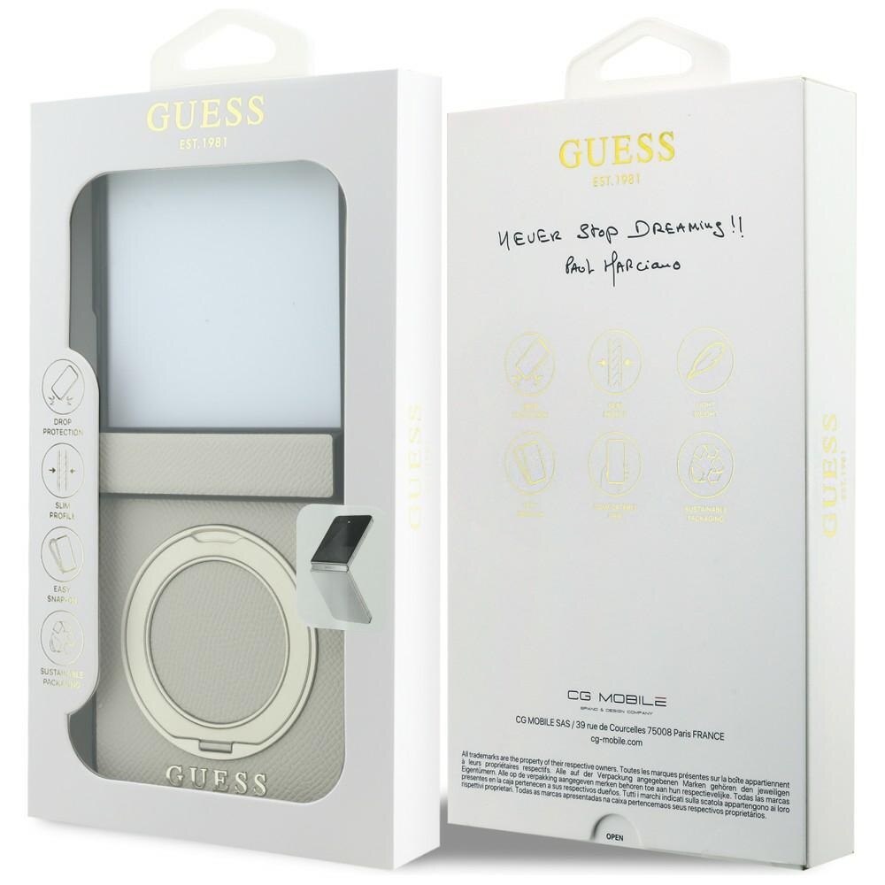 Husa Guess Magnetic Ring Stand Grained Classic Logo cu MagSafe compatibila cu Samsung Galaxy Z Flip 8, Bej