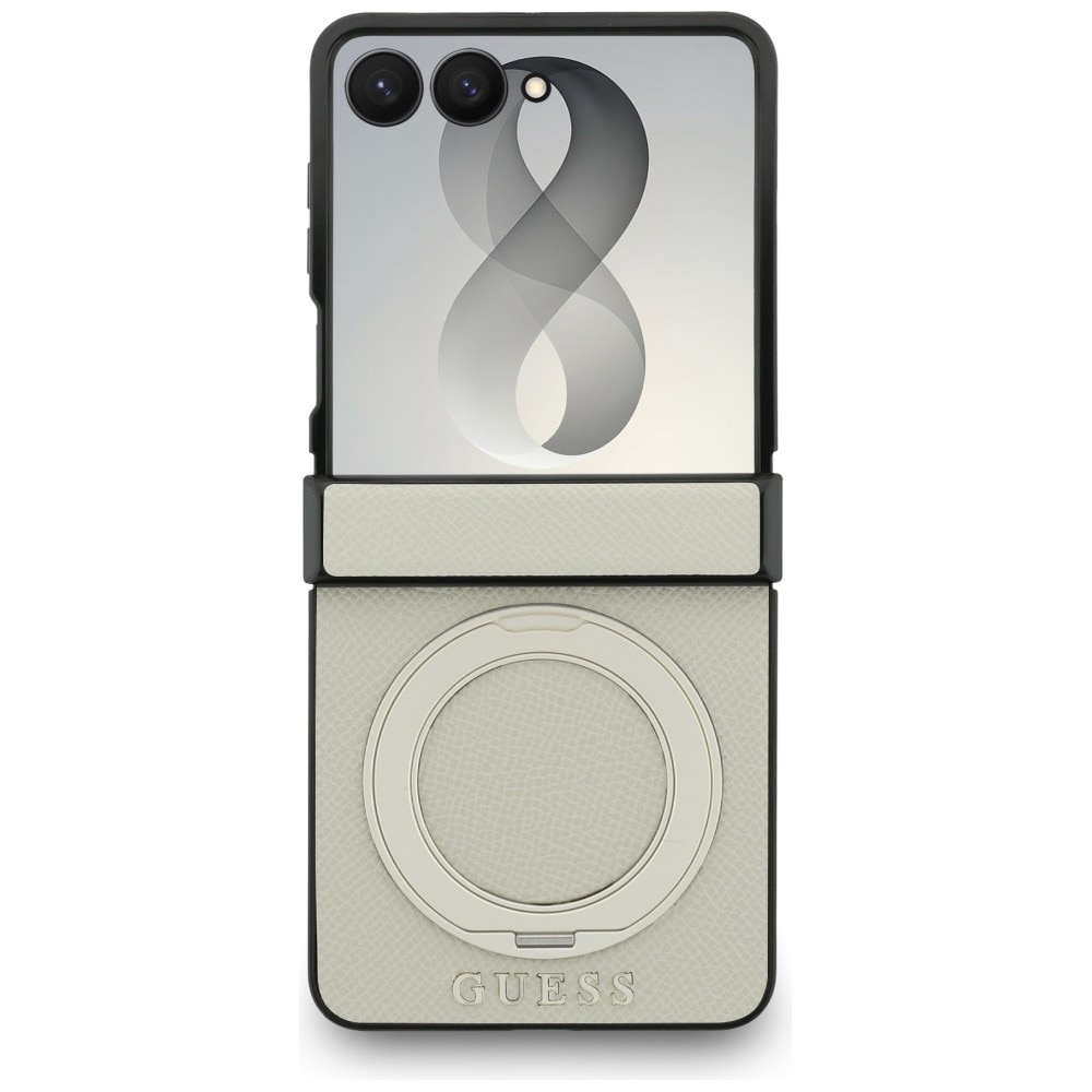 Husa Guess Magnetic Ring Stand Grained Classic Logo cu MagSafe compatibila cu Samsung Galaxy Z Flip 8, Bej