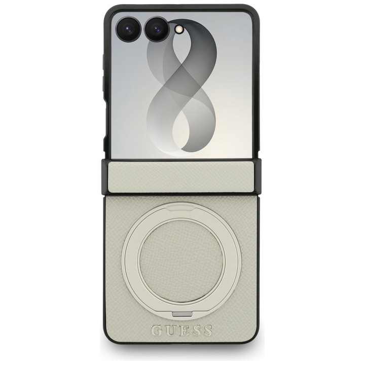 Husa Guess Magnetic Ring Stand Grained Classic Logo cu MagSafe compatibila cu Samsung Galaxy Z Flip 8, Bej