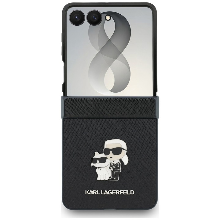Husa Karl Lagerfeld Karl and Choupette Saffiano Pins cu MagSafe compatibila cu Samsung Galaxy Z Flip 8, Negru