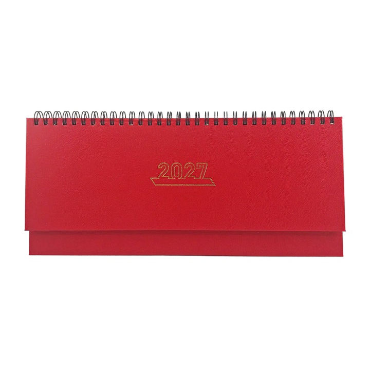 Planner birou datat 2027 Stilus, Saptamanal (o saptamana pe 2 pagini), pentru programari, landscape 28x12 cm, Coperta Rosie, Spira metalica