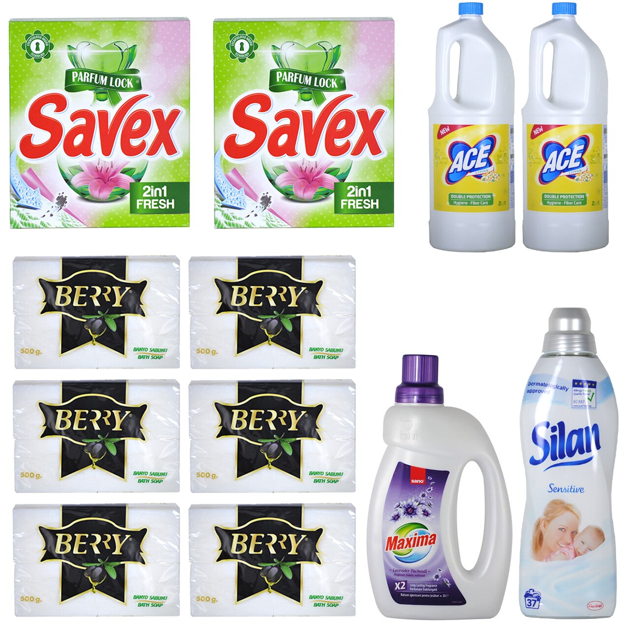 Pachet - 6 x Set Sapun de rufe Berry, 500g, 4 x 125g/Set + 2 x Savex, detergent automat, Fresh, 300g + 2 x Ace, Clor cu lamaie, 2L + Silan, Balsam de rufe, Sensitive, 1L + Balsam de rufe, Sano Maxima, Lavender, 2L
