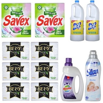 Pachet - 6 x Set Sapun de rufe Berry, 500g, 4 x 125g/Set + 2 x Savex, detergent automat, Fresh, 300g + 2 x Ace, Clor cu lamaie, 2L + Silan, Balsam de rufe, Sensitive, 1L + Balsam de rufe, Sano Maxima, Lavender, 2L Pachet - 6 x Set Sapun de rufe Berry, 500g, 4 x 125g/Set + 2 x Savex, detergent automat, Fresh, 300g + 2 x Ace, Clor cu lamaie, 2L + Silan, Balsam de rufe, Sensitive, 1L + Balsam de rufe, Sano Maxima, Lavender, 2L