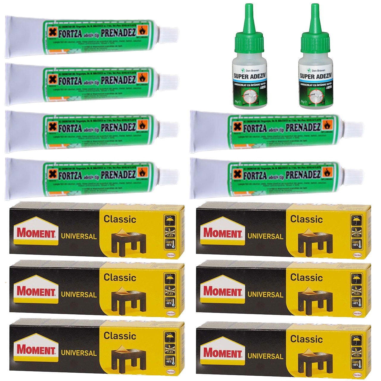 Pachet - 6 x Adeziv Moment lipici universal, 50ml + 6 x Prenadez tub, 50ml + 2 x Den Braven Super adeziv, 20g