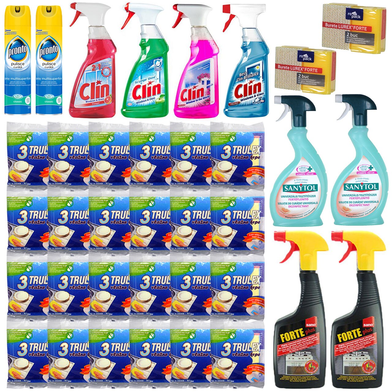 Pachet - 24 x Set Lavete umede, 3buc/Set + 2 x Sanytol Universal, 500ml + 2 x Sano Forte, 500ml + 2 x Pronto, 300ml + 4 x Clin de geamuri, 500ml + 2 x Set Bureti de curatat, 2buc/Set
