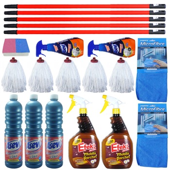 Pachet - 3 x Solutie pentru pardoseli, Asevi Cian, Pin, 1L + 2 x Efekt mobila si parchet, 1L + 2 x Laveta MicroFibre + 5 x Mop bumbac, 250g + 2 x Asevi degresant, 750ml + Set 2 Bureti de curatat + 5 x Coada de mop extensibila Pachet - 3 x Solutie pentru pardoseli, Asevi Cian, Pin, 1L + 2 x Efekt mobila si parchet, 1L + 2 x Laveta MicroFibre + 5 x Mop bumbac, 250g + 2 x Asevi degresant, 750ml + Set 2 Bureti de curatat + 5 x Coada de mop extensibila