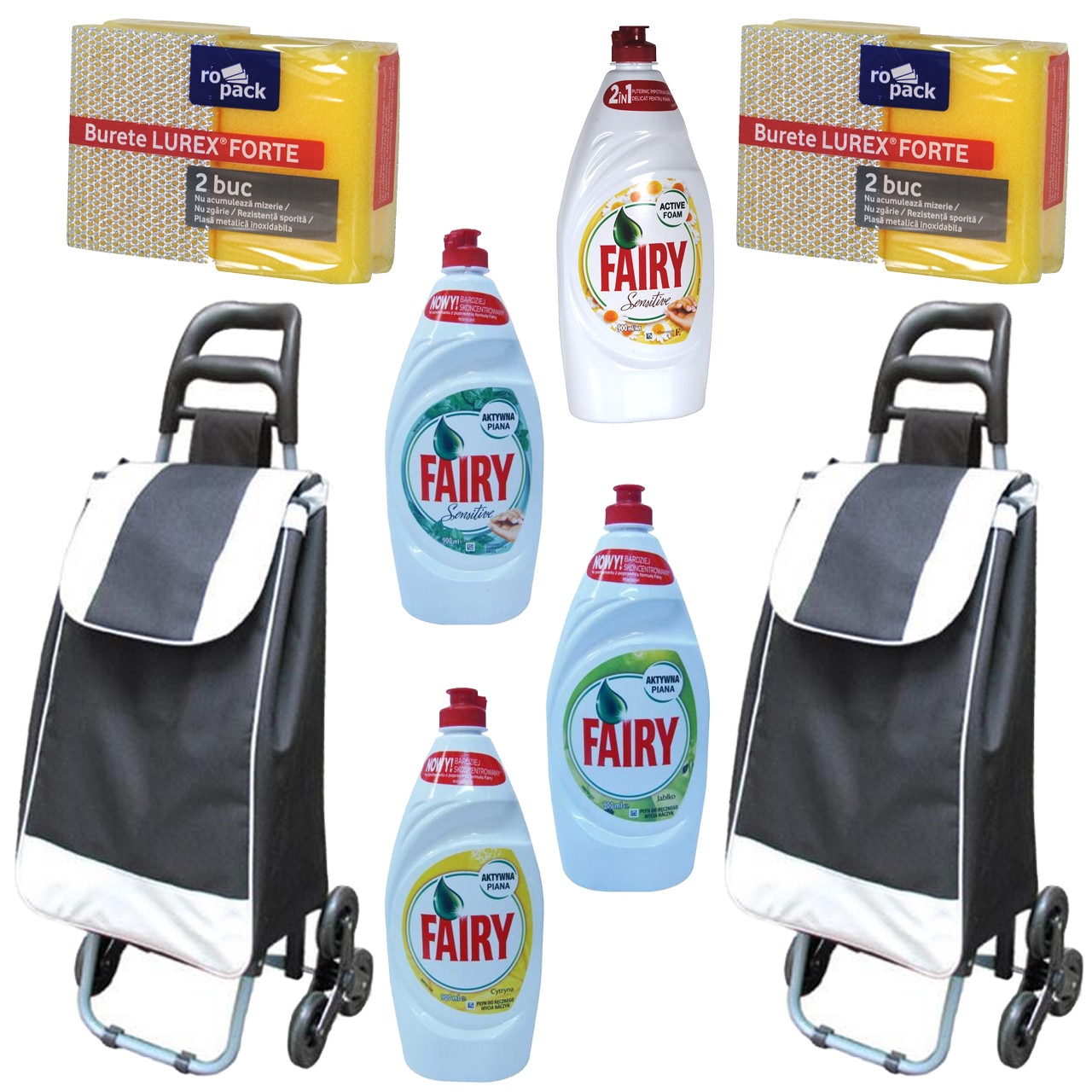 Pachet - 2 x Carut negru pentru piata cu 6 roti, suporta 20kg + 4 x Detergent Fairy sensitive pentru vase, 900ml (lamaie, mar verde, menta, musetel) + 2 x Set bureti de vase, 2buc./set