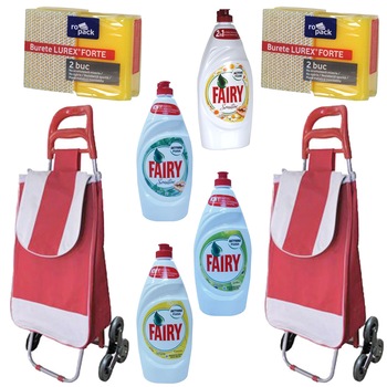 Pachet - 2 x Carut rosu de piata cu 6 roti, suporta 20kg + 4 x Detergent Fairy sensitive pentru vase, 900ml (lamaie, mar verde, menta, musetel) + 2 x Set bureti de vase (2buc./set) Pachet - 2 x Carut rosu de piata cu 6 roti, suporta 20kg + 4 x Detergent Fairy sensitive pentru vase, 900ml (lamaie, mar verde, menta, musetel) + 2 x Set bureti de vase (2buc./set)