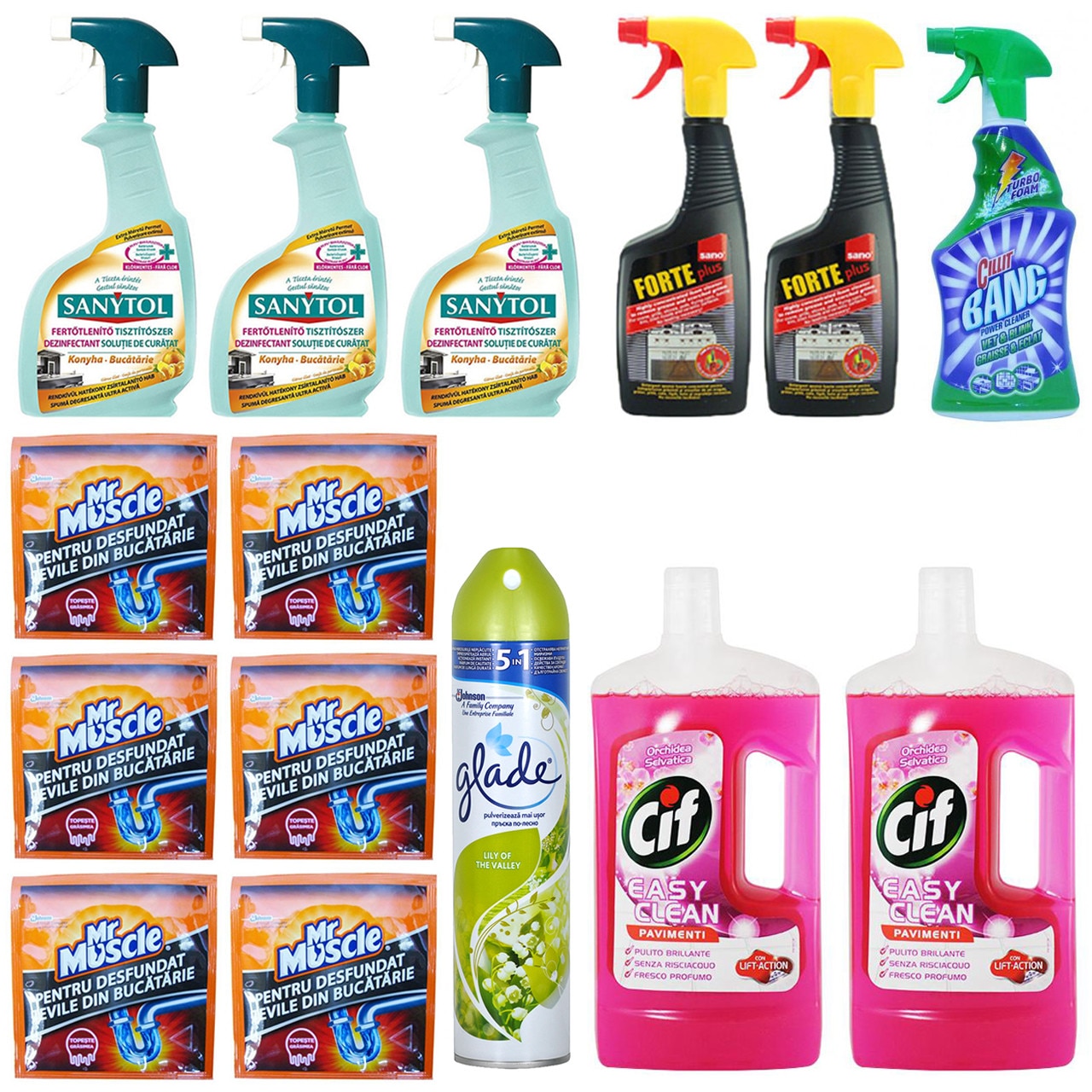Pachet - 3 x Sanytol dezinfectant pentru bucatarie, 500 ml + Cillit Bang, 750 ml + 2 x Sano Forte de aragaz, 500 ml + 6 x Mr Muscle, Granule desfundat tevi, 50 g + 2 x Cif solutie de pardoseli, Orhidee Salbatica, 1 L + Glade, Lacramioare, 300 ml