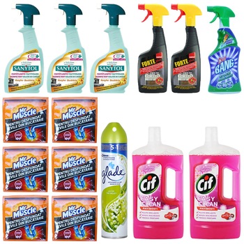 Pachet - 3 x Sanytol dezinfectant pentru bucatarie, 500 ml + Cillit Bang, 750 ml + 2 x Sano Forte de aragaz, 500 ml + 6 x Mr Muscle, Granule desfundat tevi, 50 g + 2 x Cif solutie de pardoseli, Orhidee Salbatica, 1 L + Glade, Lacramioare, 300 ml Pachet - 3 x Sanytol dezinfectant pentru bucatarie, 500 ml + Cillit Bang, 750 ml + 2 x Sano Forte de aragaz, 500 ml + 6 x Mr Muscle, Granule desfundat tevi, 50 g + 2 x Cif solutie de pardoseli, Orhidee Salbatica, 1 L + Glade, Lacramioare, 300 ml